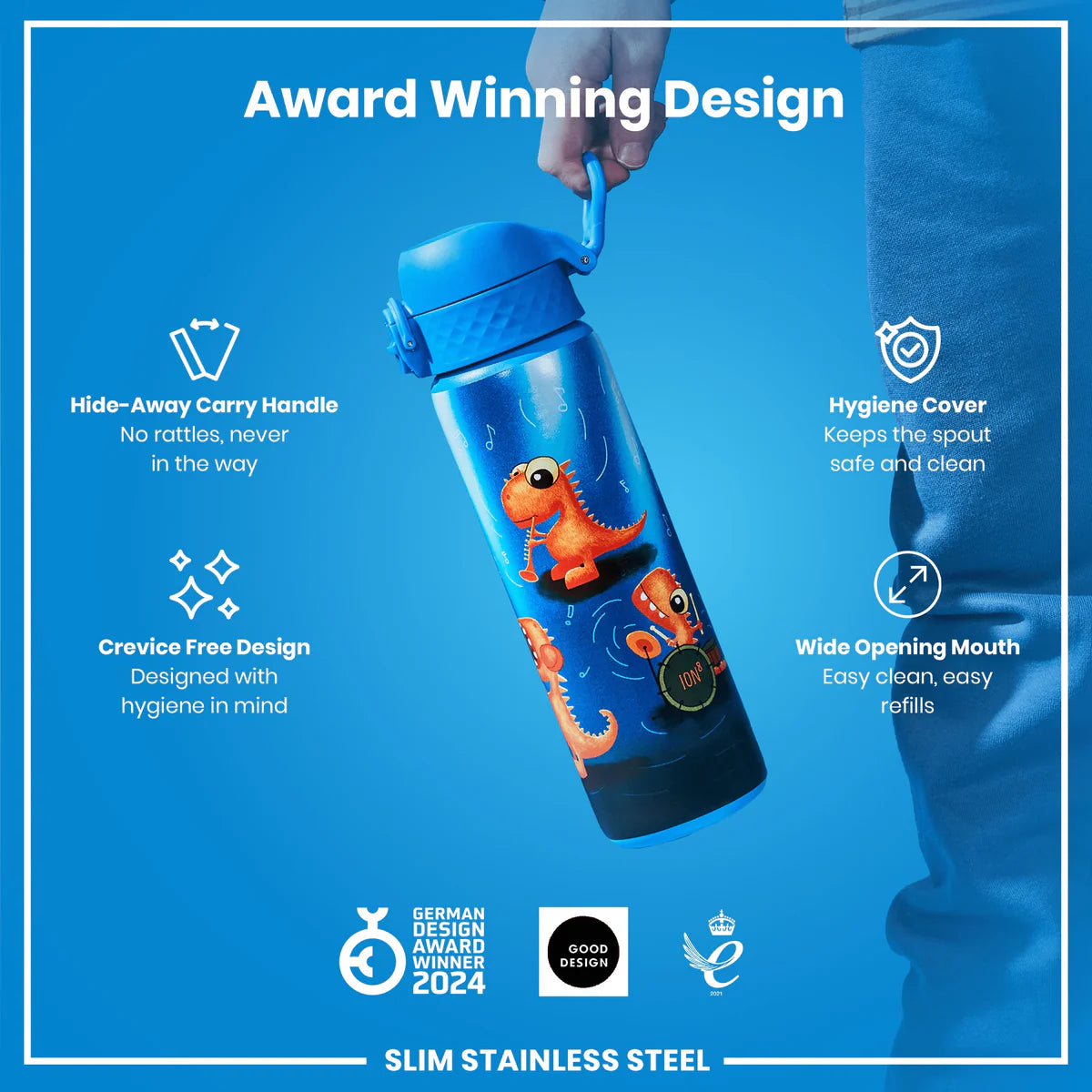 Ion8 Slim Stainless Steel Water Bottle Dino Band