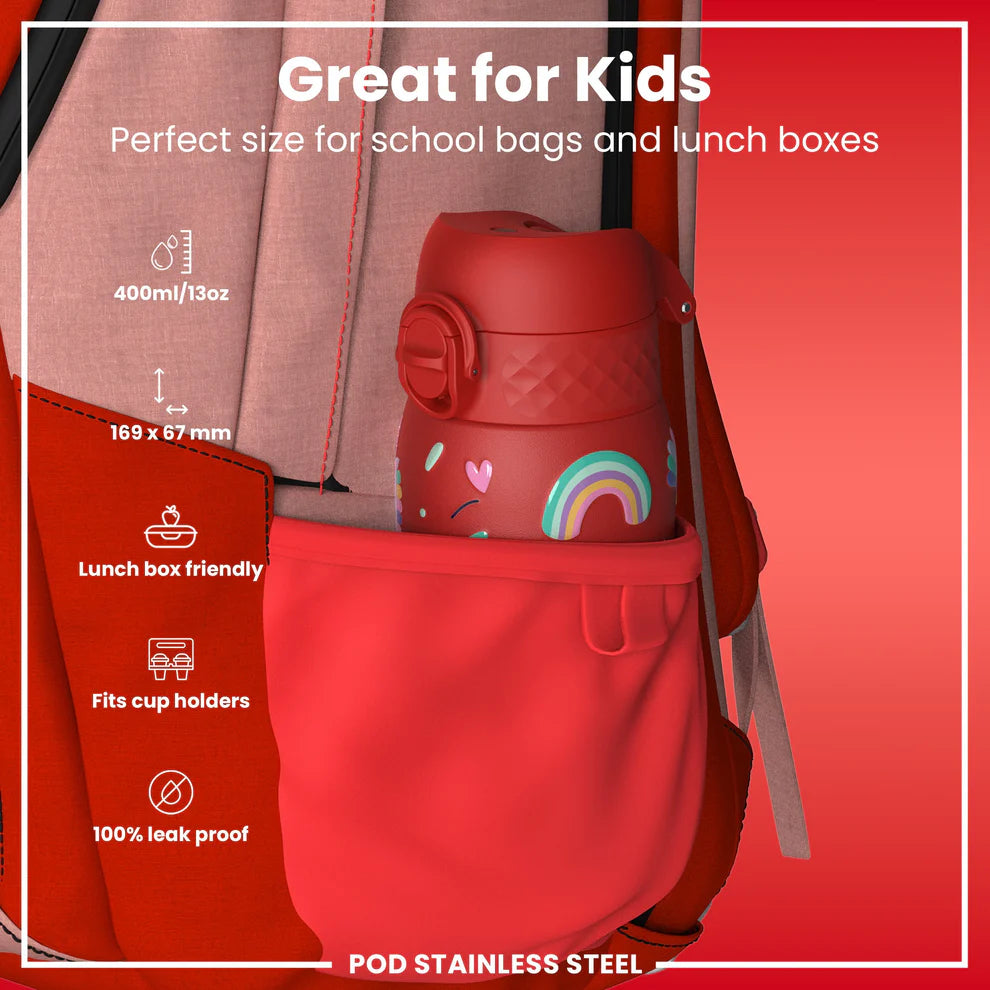 Ion8 Pod Stainless Steel Water Bottle Unicorns Red