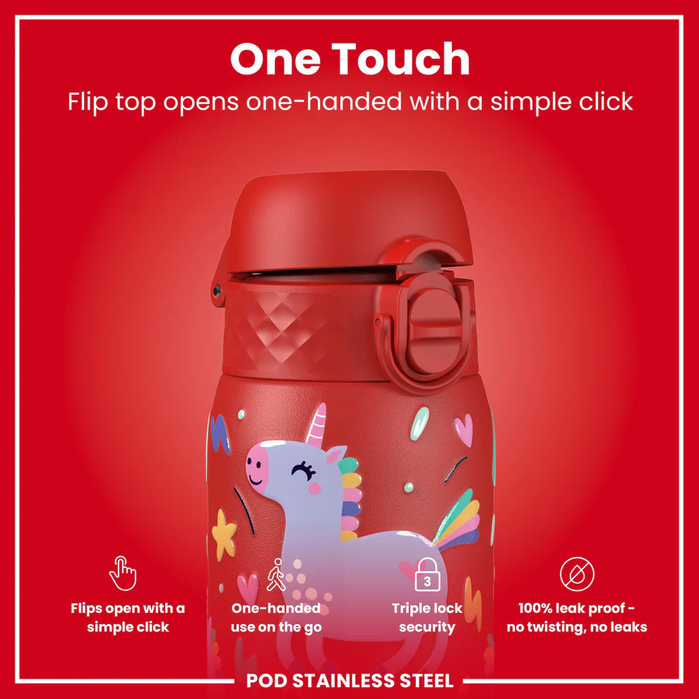 Ion8 Pod Stainless Steel Water Bottle Unicorns Red