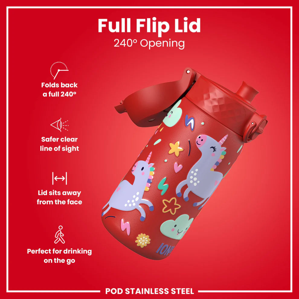 Ion8 Pod Stainless Steel Water Bottle Unicorns Red