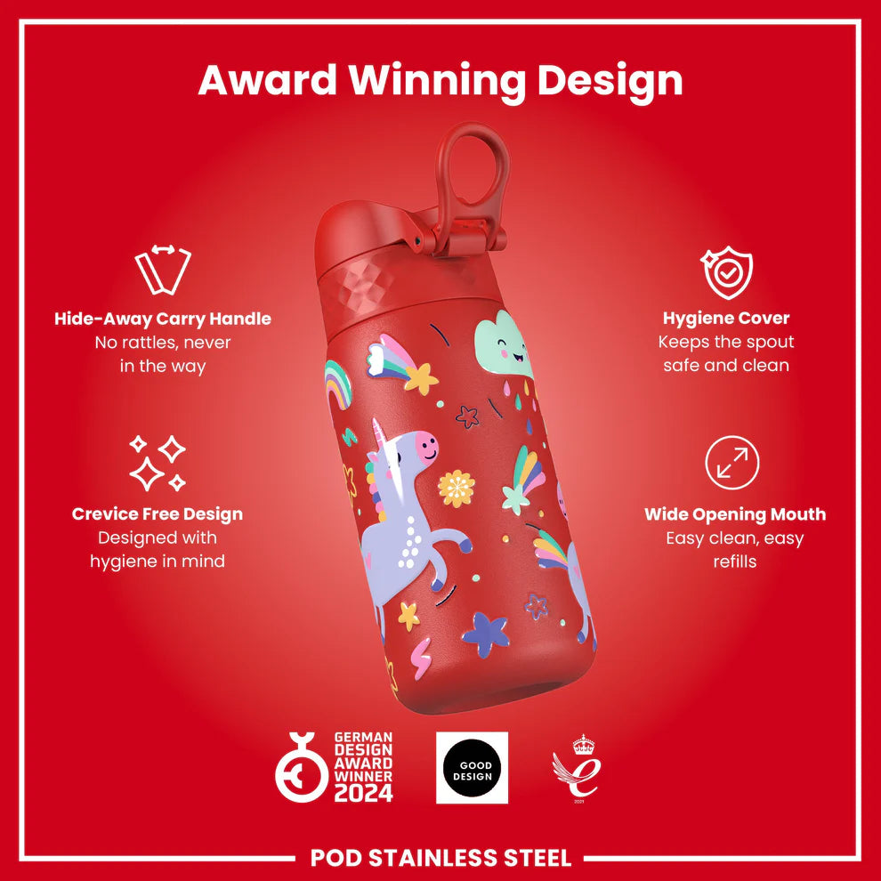 Ion8 Pod Stainless Steel Water Bottle Unicorns Red