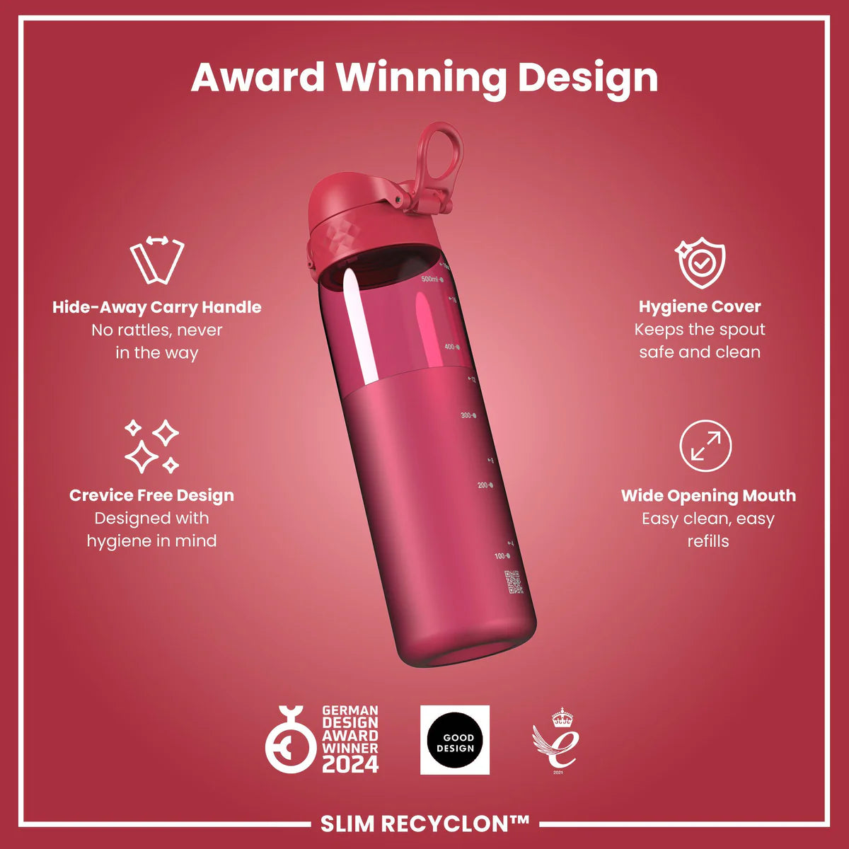 Ion8 Slim Water Bottle Magenta Clear