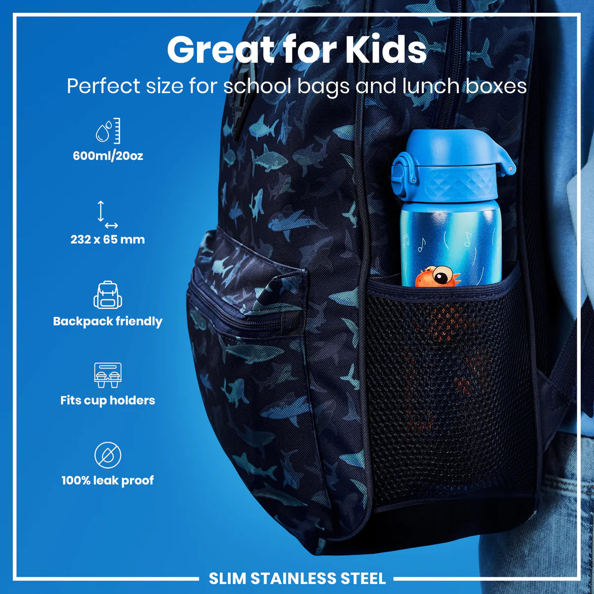 Ion8 Slim Stainless Steel Water Bottle Dino Band