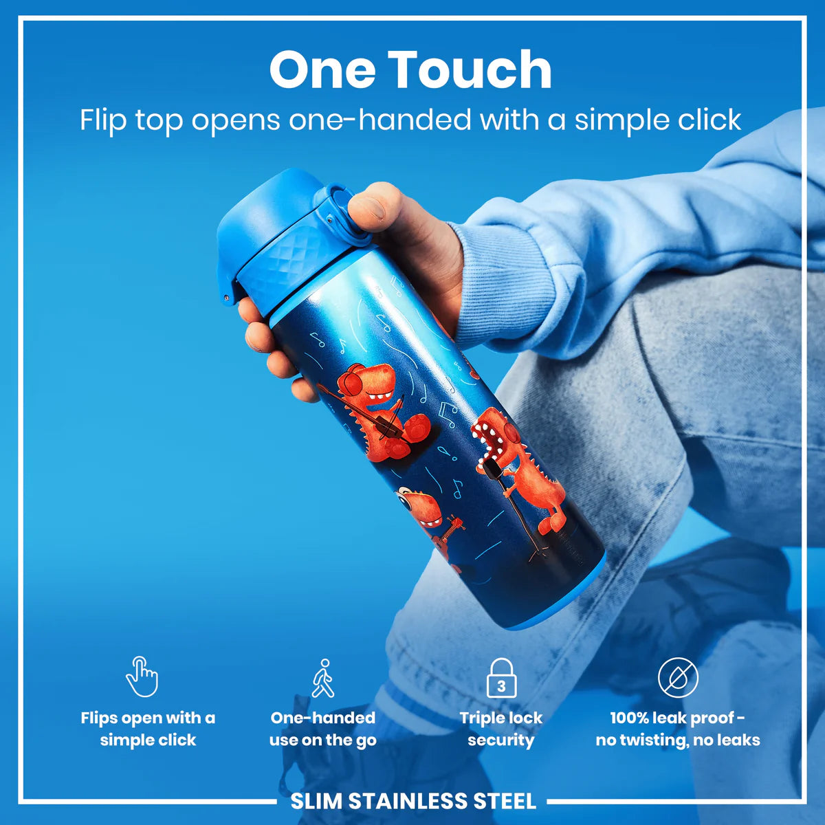 Ion8 Slim Stainless Steel Water Bottle Dino Band