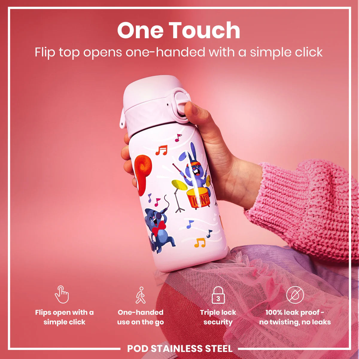 Ion8 Pod Stainless Steel Water Bottle Animal Band