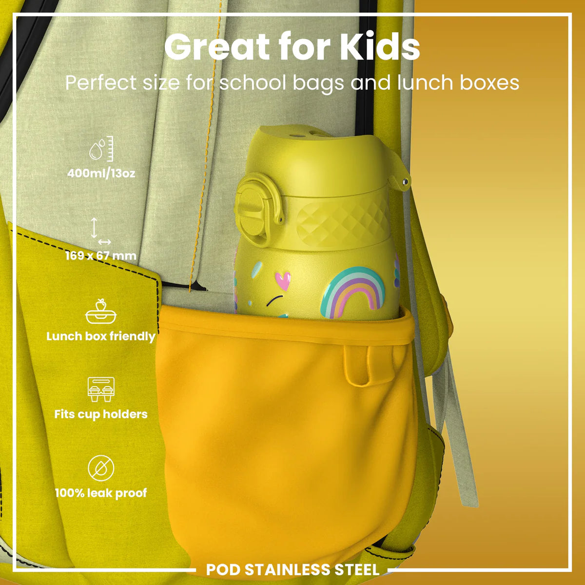 Ion8 Pod Stainless Steel Water Bottle Unicorns Yellow