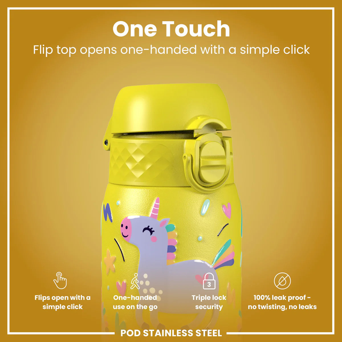 Ion8 Pod Stainless Steel Water Bottle Unicorns Yellow