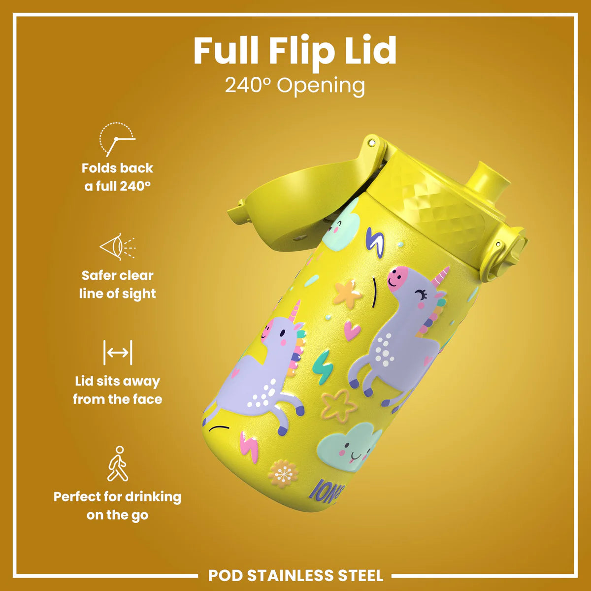 Ion8 Pod Stainless Steel Water Bottle Unicorns Yellow