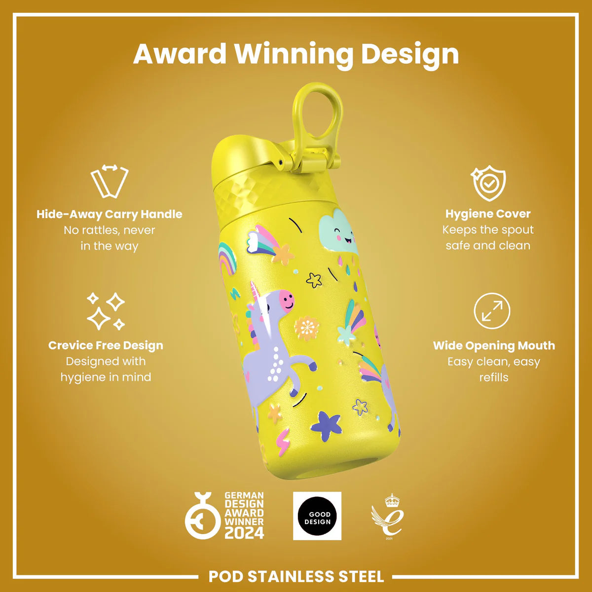 Ion8 Pod Stainless Steel Water Bottle Unicorns Yellow