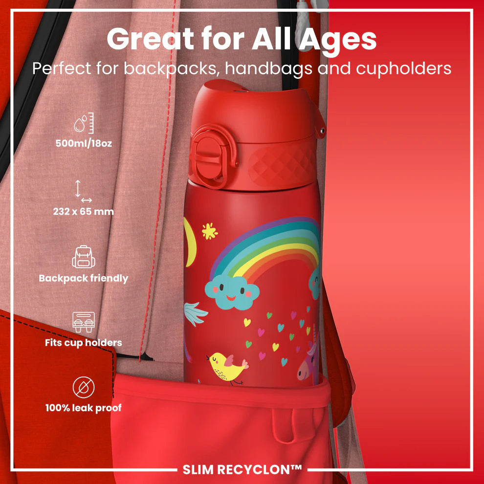 Ion8 Slim Water Bottle Unicorns Red
