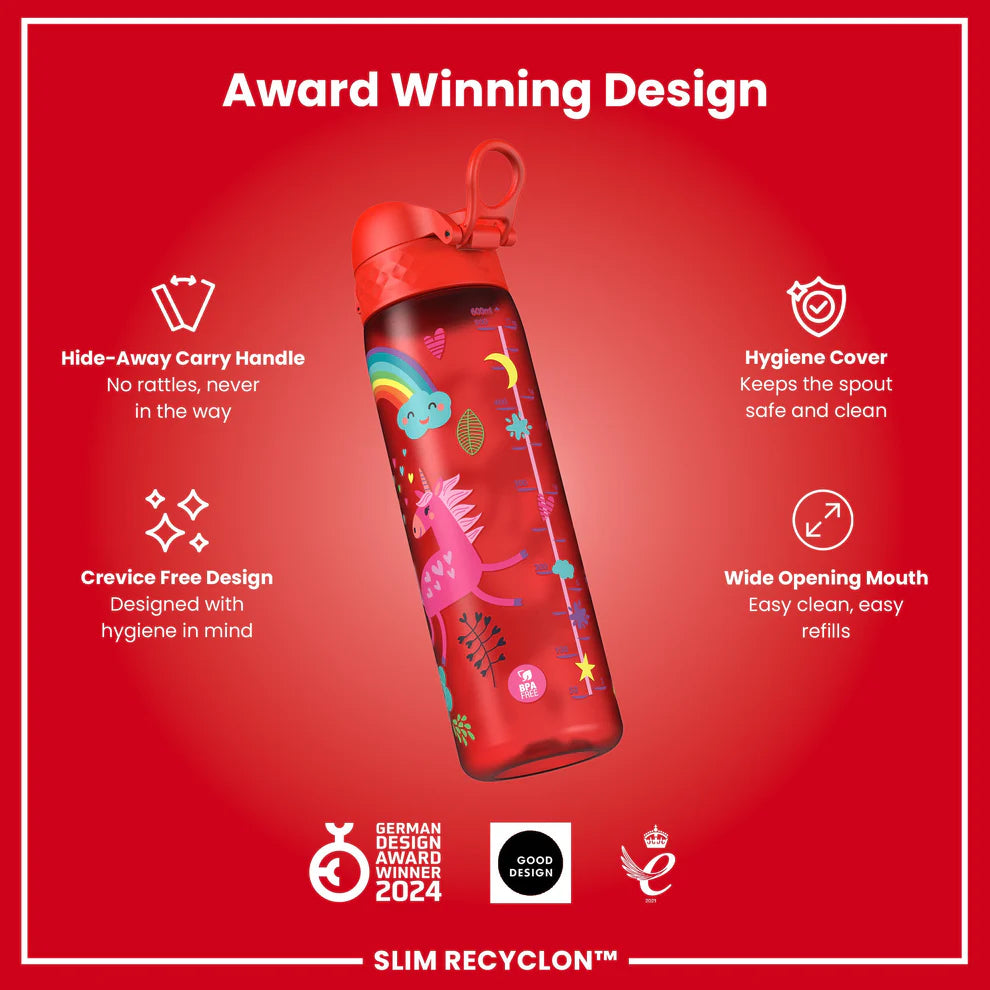 Ion8 Slim Water Bottle Unicorns Red