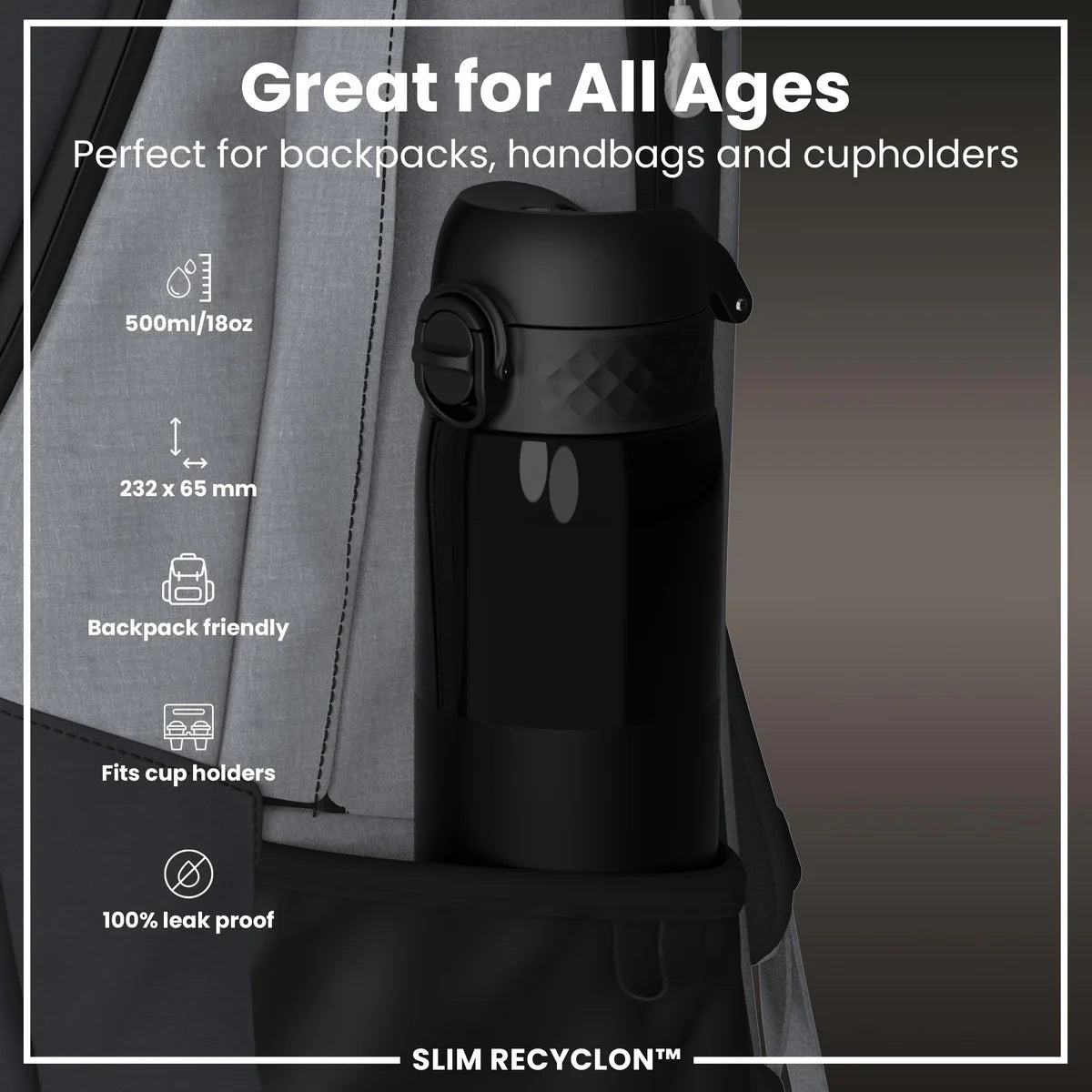 Ion8 Slim Water Bottle Black Clear