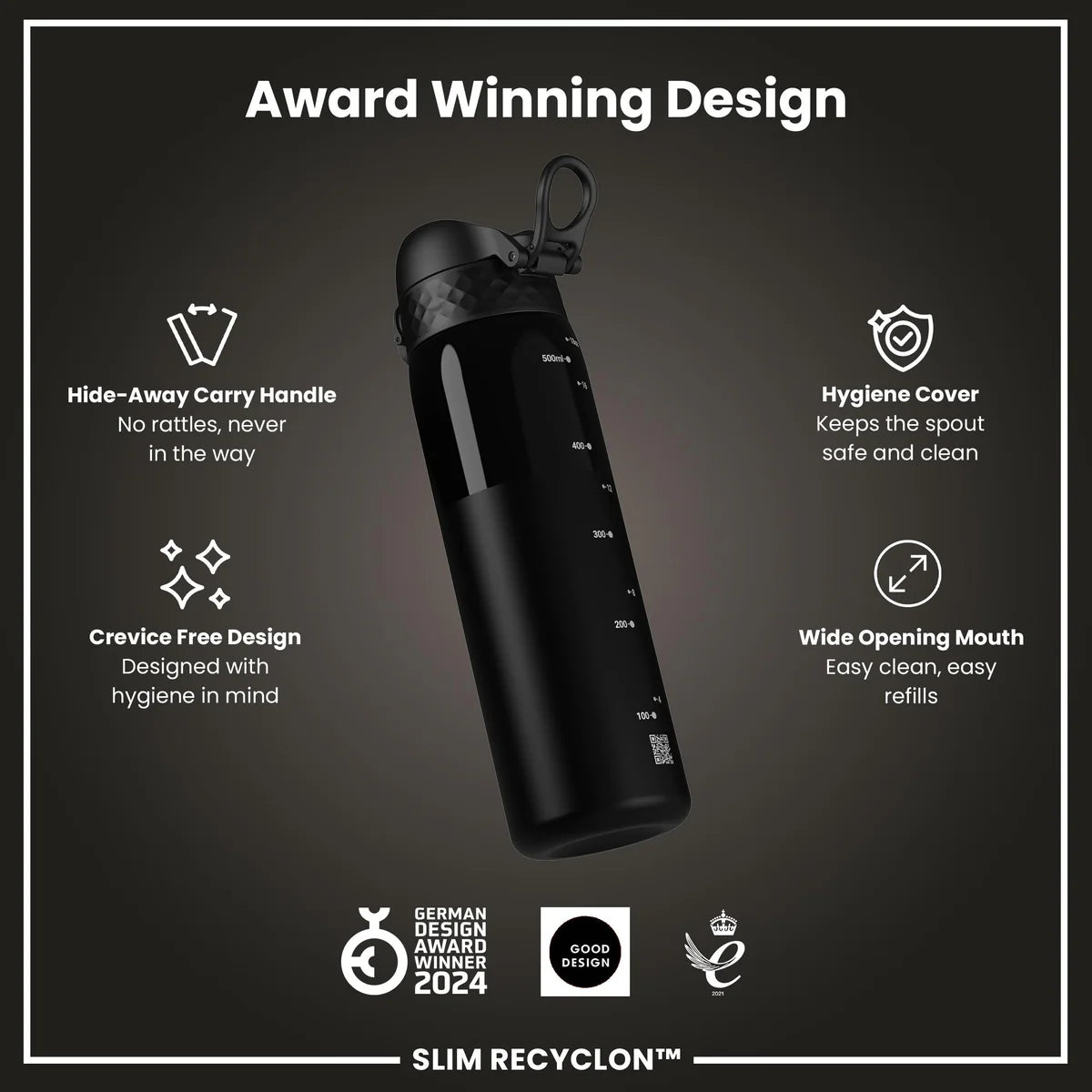 Ion8 Slim Water Bottle Black Clear