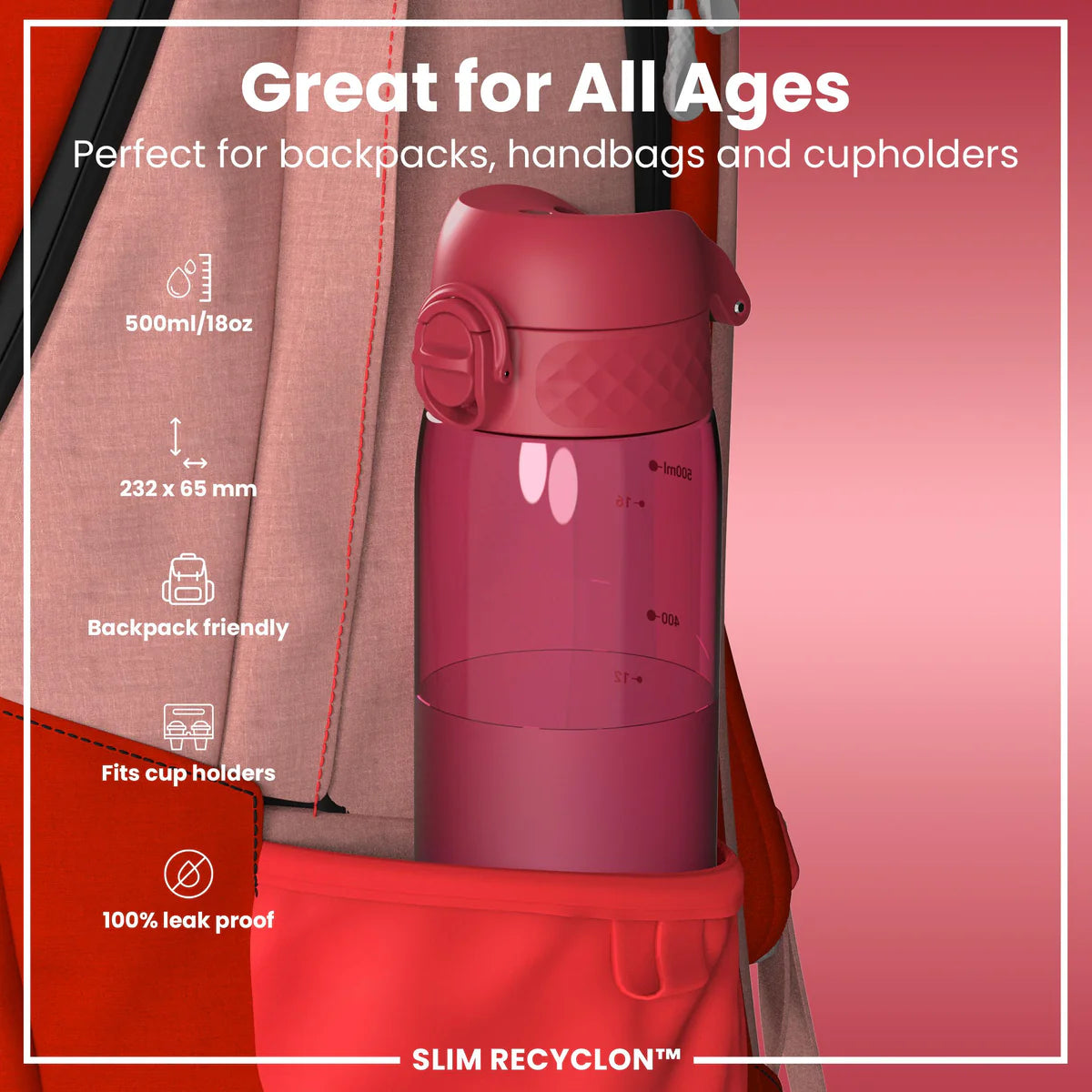 Ion8 Slim Water Bottle Magenta Clear