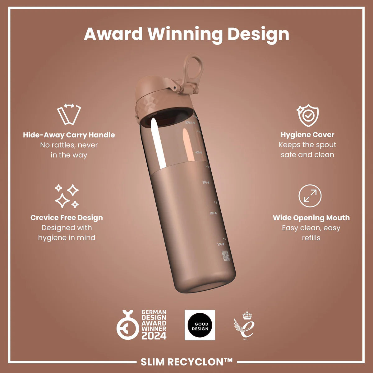 Ion8 Slim Water Bottle Mocha Mousse Clear