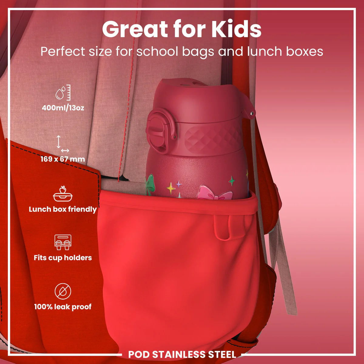 Ion8 Pod Stainless Steel Water Bottle Bows