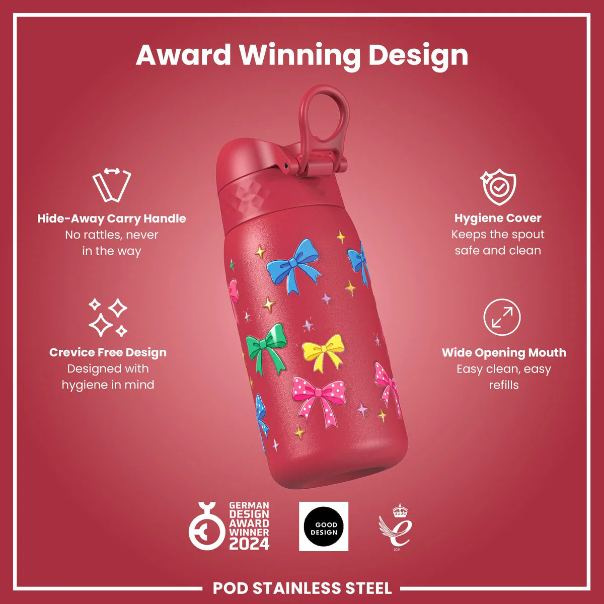 Ion8 Pod Stainless Steel Water Bottle Bows