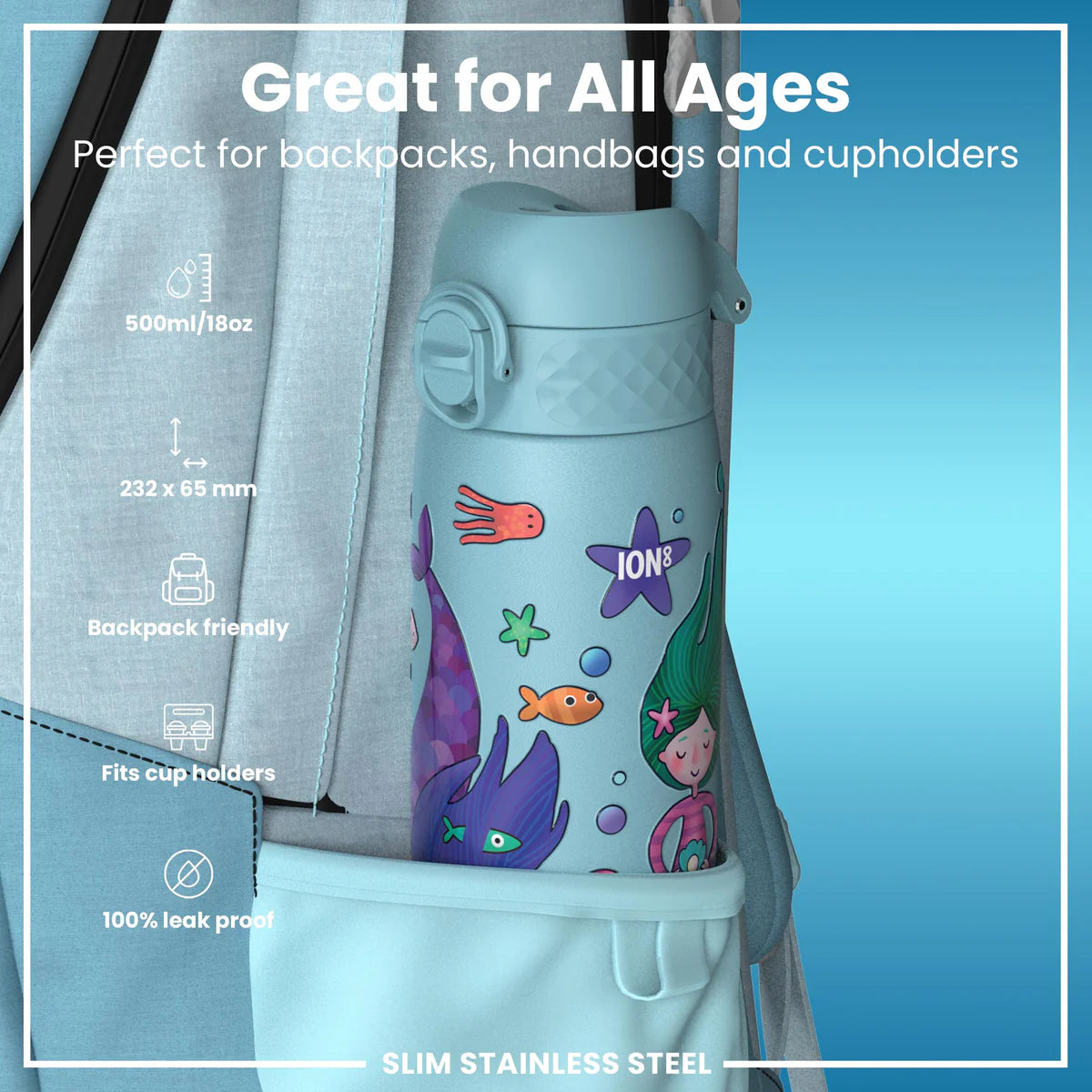 Ion8 Slim Stainless Steel Water Bottle Mermaids